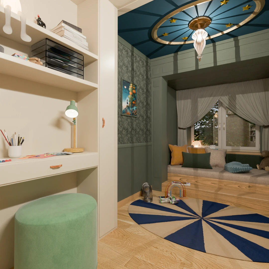 Render 3 pokoju dziecięcego typu pociąg